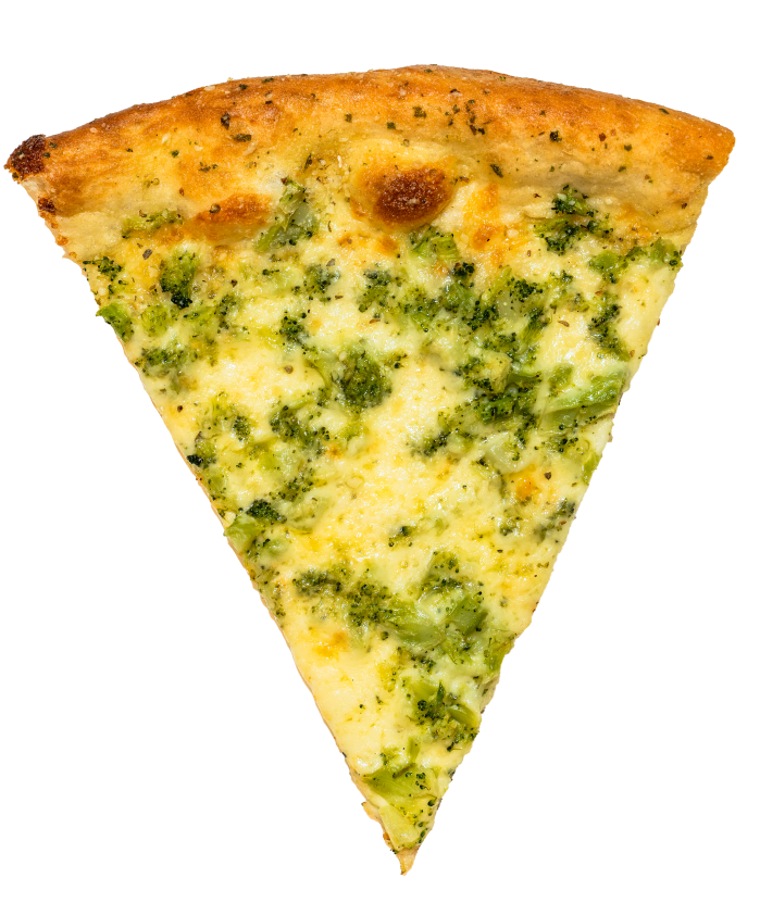 White pizza slice with broccoli and cheese