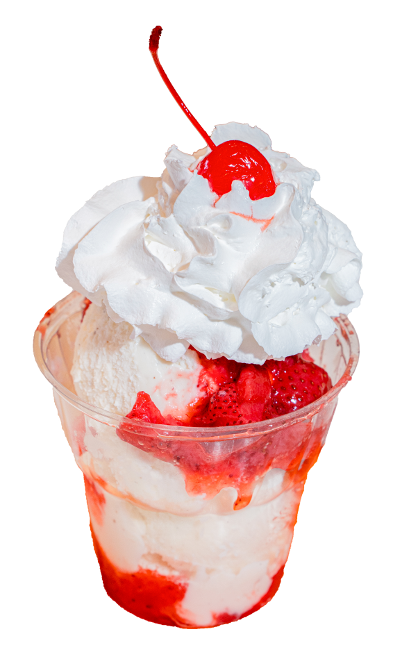 Strawberry sundae with vanilla ice cream whipped cream and cherry